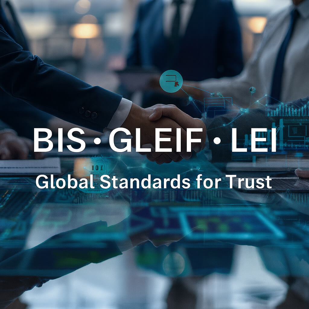 Rankos paspaudimas su skaitmeniniu tinklo perdanga ir tekstu BIS • GLEIF • LEI – Pasauliniai pasitikėjimo standartai
