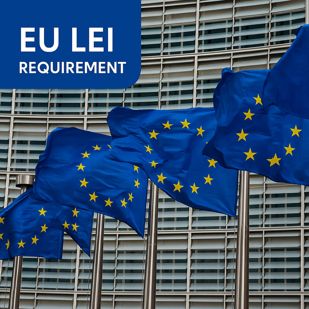 ES LEI reikalavimas – Europos Sąjungos vėliavos priešais Komisijos pastatą, simbolizuojančios Juridinio Asmens Identifikatoriaus įsipareigojimus ES